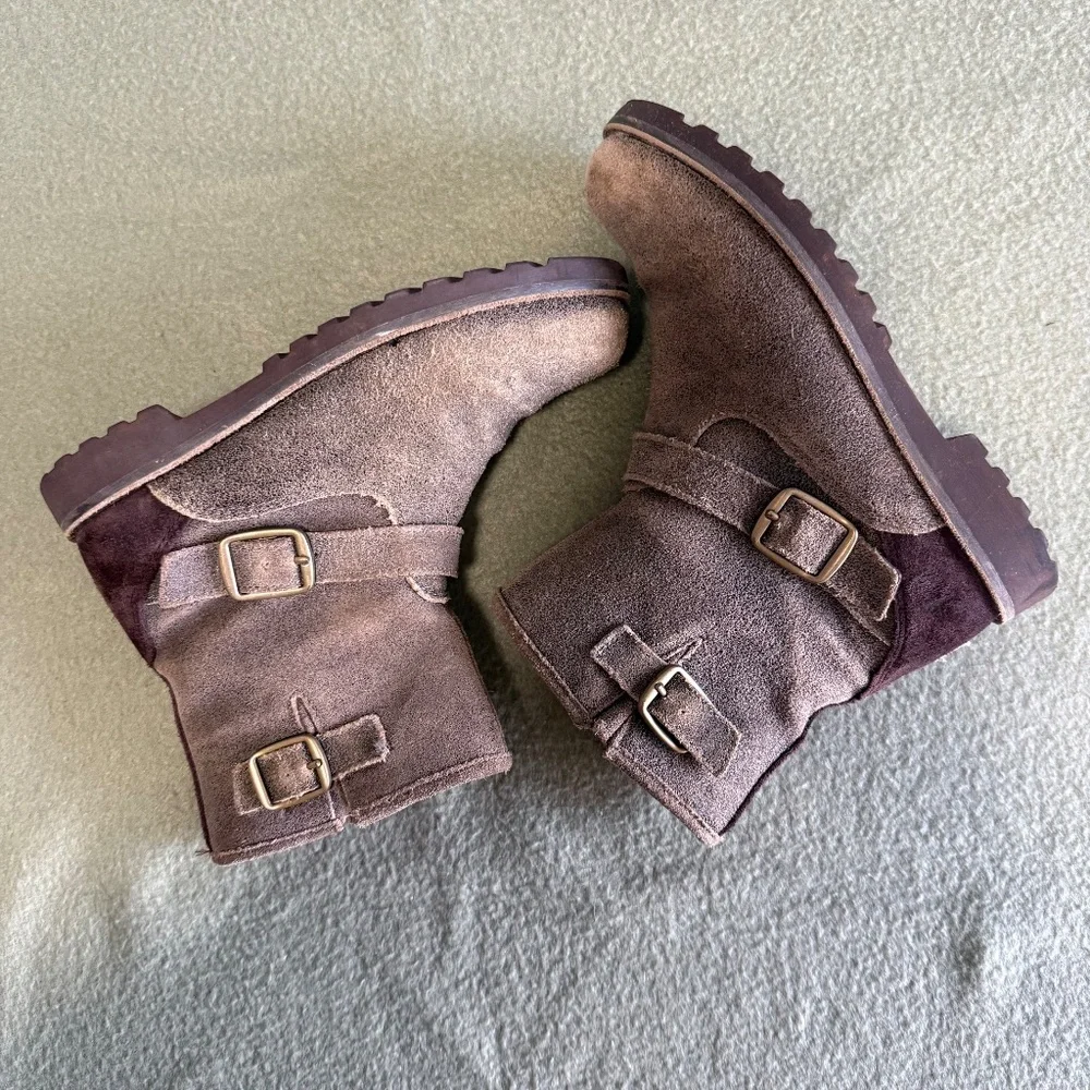 UGG K Harwell Bomber Boots Kids Brown Teak Leather Wool‎ Lining Size 3